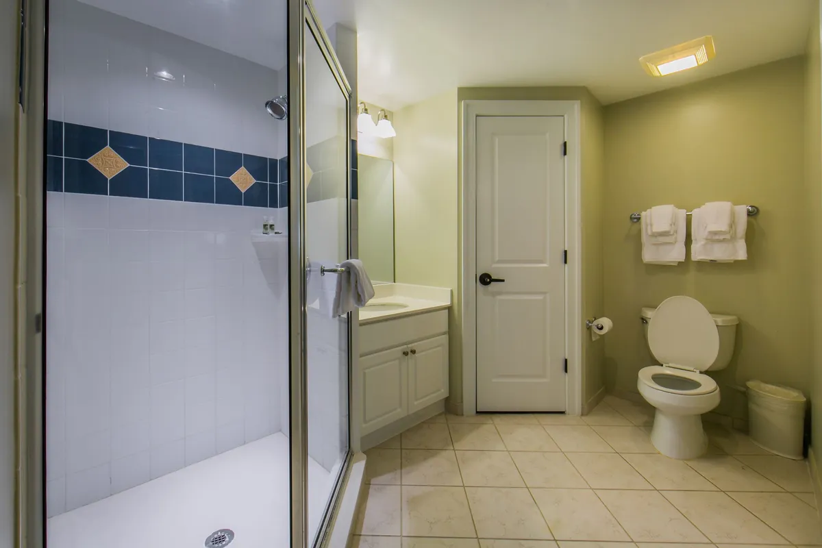 This image showcases a modern bathroom interior, featuring a spacious glass-door shower, a sleek vanity with a large mirror, neatly arranged towels, and subtle decorative touches. The space is well-lit, exuding a sense of cleanliness and tranquility ideal for relaxation and self-care routines.